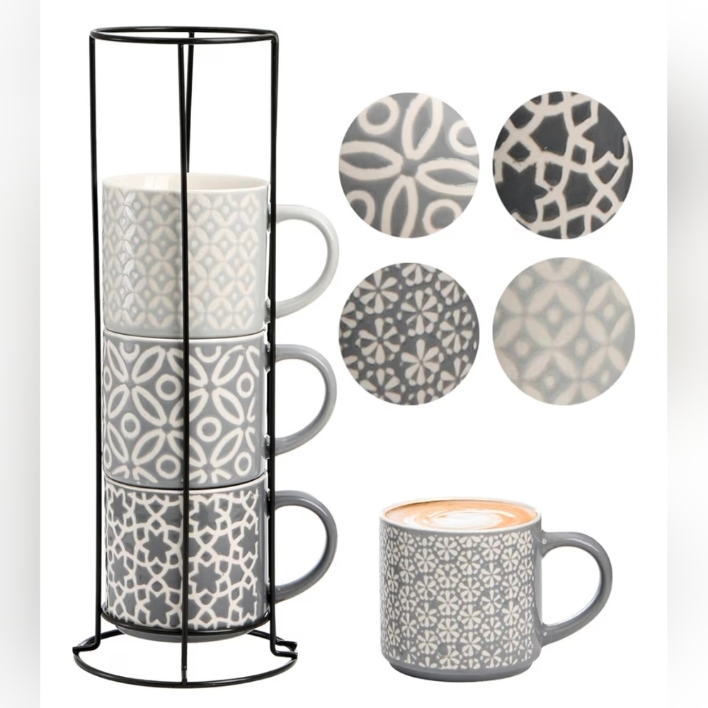 Hiceeden Set of 4 Coffee Mugs with Metal Stand, 15 oz Stackable Mugs